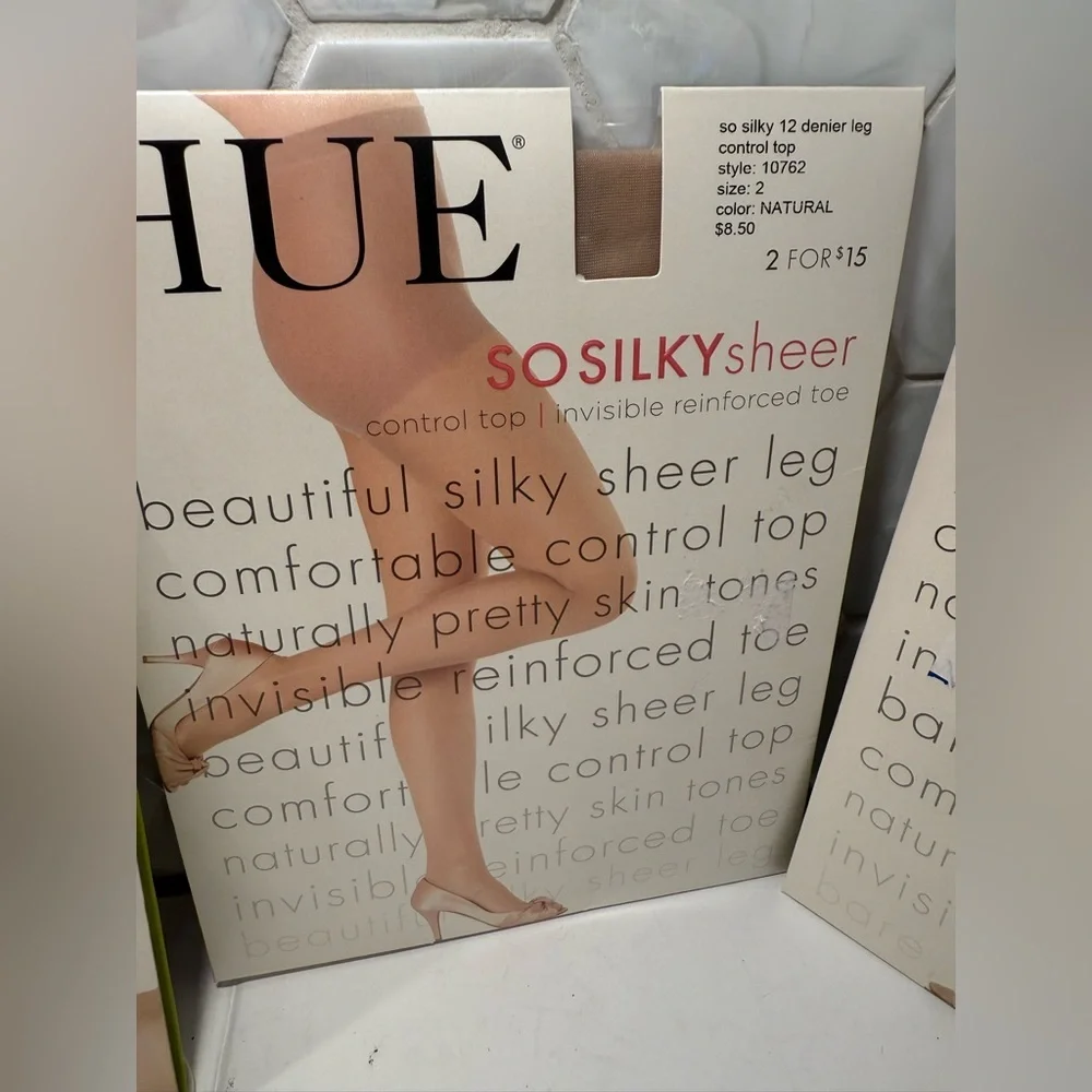 HUE Pantyhose 3 Pack Polished Sheer & So Silky Natural Size 2 Control Top Sheer